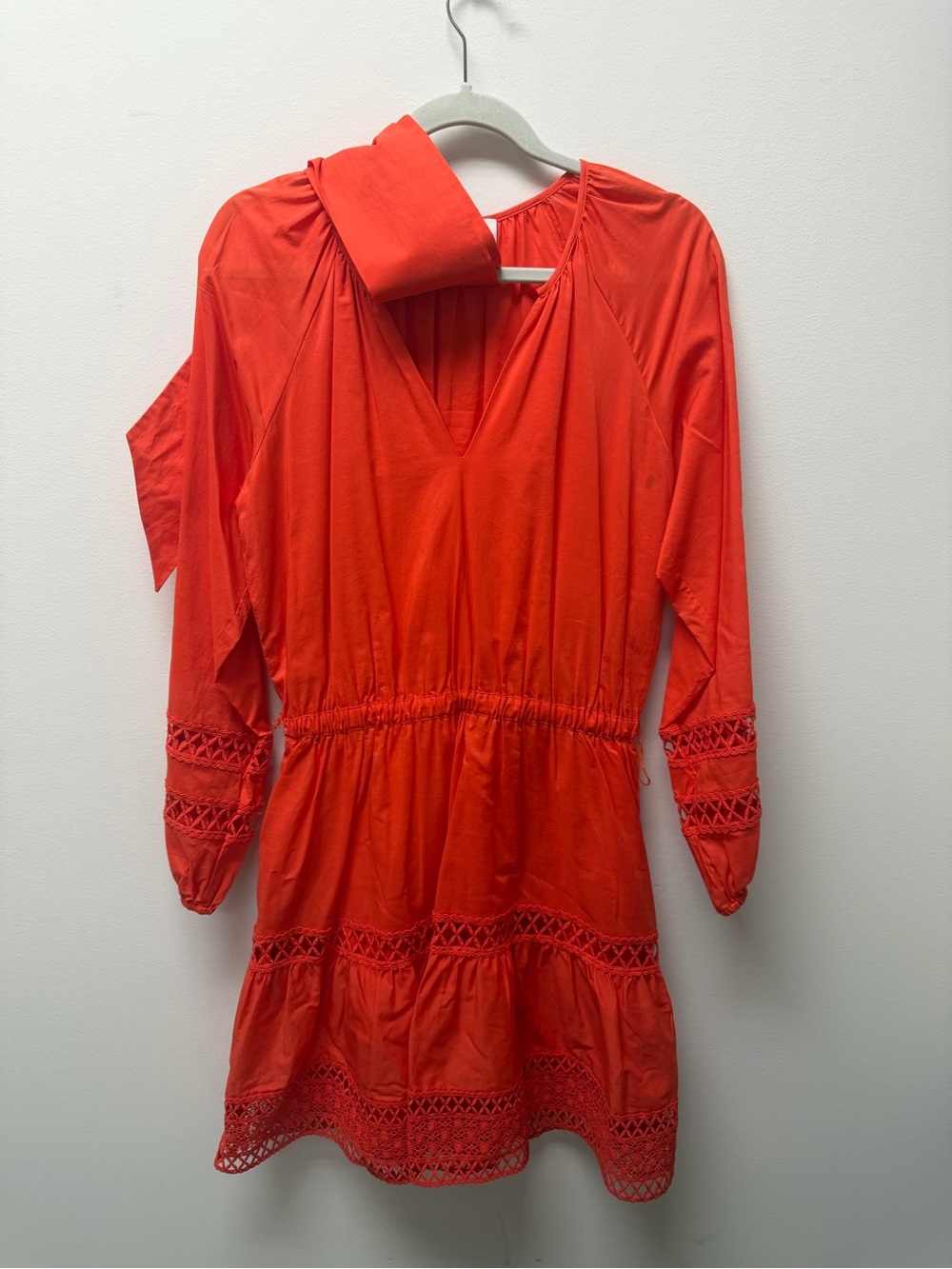 Evereve Bright Red Long-Sleeve V-Neck Lace Trim Dress